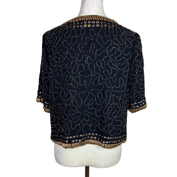 Hazel Black Chiffon Studded Beaded Gold Short Sleeve Evening Layering Jacket - Picture 3 of 11